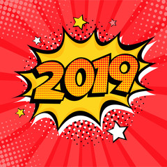 2019 New Year comic book style postcard or greeting card element. Vector illustration in pop art retro comic style.