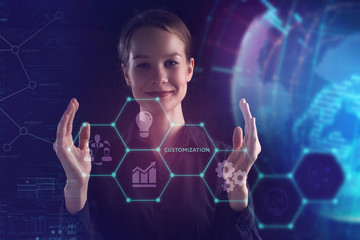 The concept of business, technology, the Internet and the network. A young entrepreneur working on a virtual screen of the future and sees the inscription: Customization
