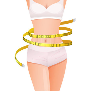 Slender woman body with yellow measure tape at waist, health and body care concept, loss weigh, vector illustration