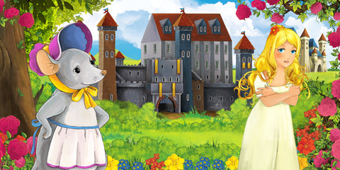 Cartoon nature scene with beautiful castles near the forest mouse and young girl looking - illustration for the children