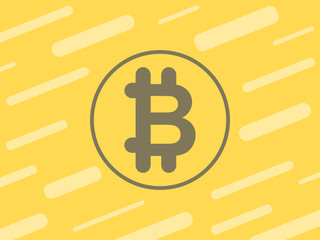 Icon bitcoin on a yellow background with geometric shapes. Cryptocurrency.
