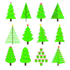 16 Christmas tree fir flat style design icon sign set vector illustration. Symbol of family xmas holiday celebration isolated on white background.  Simple shape for holyday.