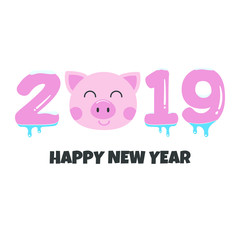 2019 Happy New Year funny greeting post card flat style design vector illustration with cartoon pigs face and text isolated on white background. Merry Chrustmas and happy new year!