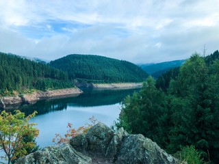 Panoramablick auf den See von Wald umgeben