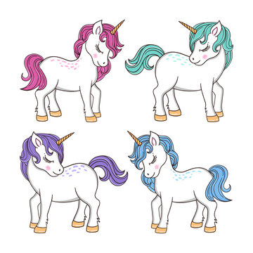 Magic vector fairytale set with cute colorful unicorns