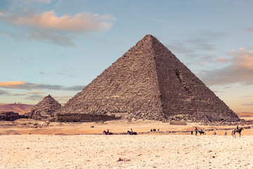 The Pyramid of Menkaure at sunset, is the smallest of the three main Pyramids of Giza, located on the Giza Plateau in the southwestern outskirts of Cairo, Egypt.