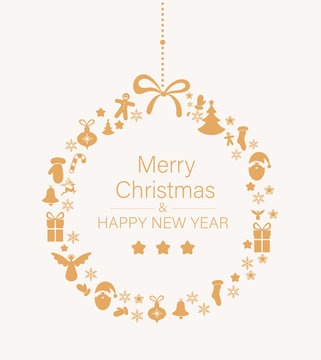 Christmas and New Year greeting card with abstract Christmas ball from orange holiday symbols.