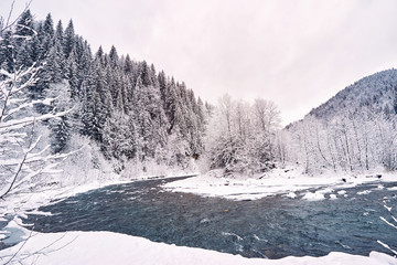 Beautiful winter river in a canyon in a winter hike.