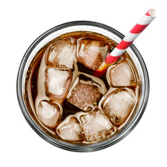 Fresh coke in glass, top view or high angle shot Coca Cola with ice and drinking straw, isolated on...