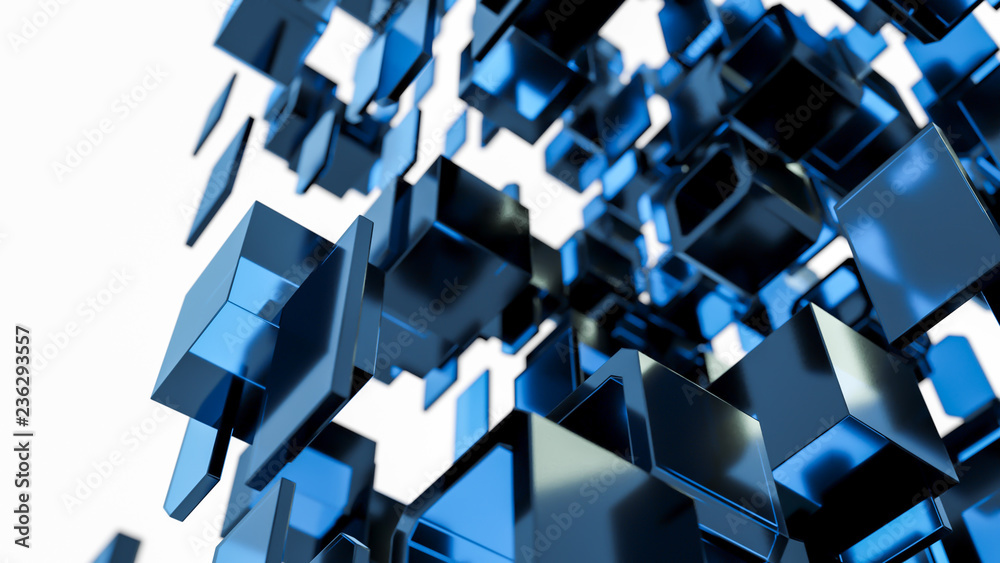 Poster 3d render - transparent cubes floating in space