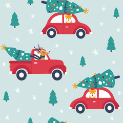 Winter seamless pattern with red car and christmas tree.
