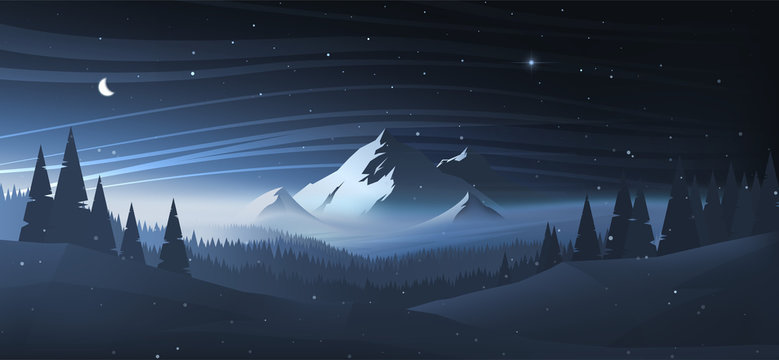 Night mountain winter landscape. Vector illustration