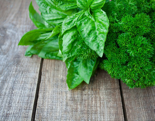 bunch of parsley and basil on wooden surface