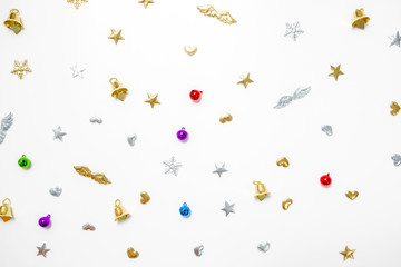 Christmas composition background from decorations on white background.