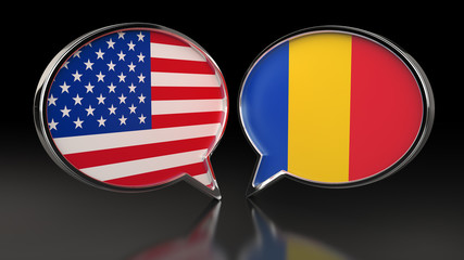 USA and Romania flags with Speech Bubbles. 3D illustration