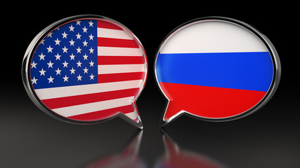 USA and Russia flags with Speech Bubbles. 3D illustration
