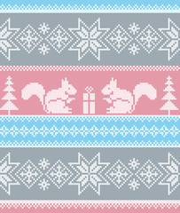 Winter ornament with squirrels. Christmas ornament. Cross stitch. Vector seamless pattern.