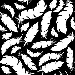 Flat style white bird feathers on black background seamless vector. Decoration contour elements