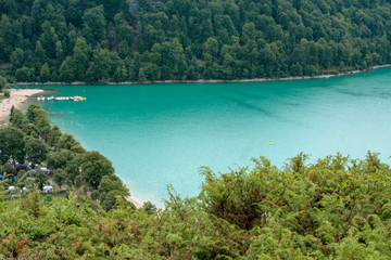 Obraz premium Aerial view of Lake Chalain in Jura mountains, France.
