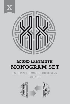 X letter maze. Set for the labyrinth logo and monograms, coat of arms, heraldry.