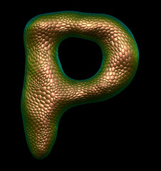 Letter P made of natural gold snake skin texture isolated on black.