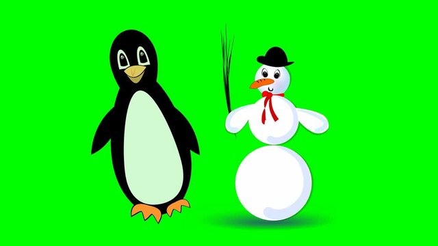 jumping snowman and cute walking penguin, two cute cartoon characters on green screen,, 4k animation