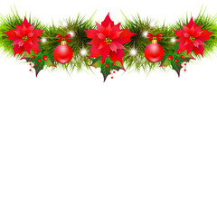 Christmas garland with poinsettia and red ribbons ,isolated on a white