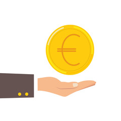 Hand holding euro coin. Offer euro coin. Flat illustration.