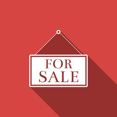 Hanging sign with text For Sale icon isolated with long shadow. Flat design. Vector Illustration