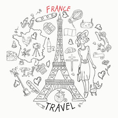 contour illustration, coloring, travel_1_to the country of Europe, France, symbols and attractions, a set of drawings for printing design and web design