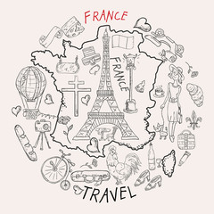 contour illustration, coloring, travel_4_to the country of Europe, France, symbols and attractions, a set of drawings for printing design and web design