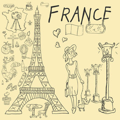 contour illustration, coloring, travel_7_to the country of Europe, France, symbols and attractions, a set of drawings for printing design and web design