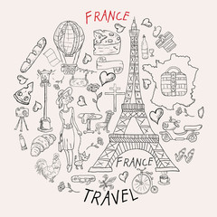 contour illustration, coloring, travel_5_to the country of Europe, France, symbols and attractions, a set of drawings for printing design and web design