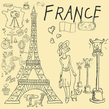contour illustration, coloring, travel_7_to the country of Europe, France, symbols and attractions, a set of drawings for printing design and web design