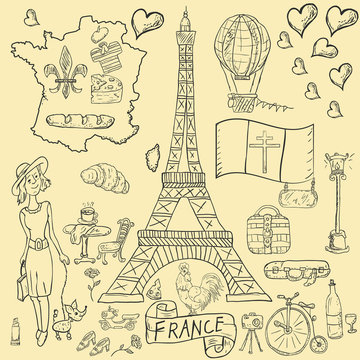 contour illustration, coloring, travel_8_to the country of Europe, France, symbols and attractions, a set of drawings for printing design and web design