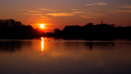 Beautiful sunset with reflections near Plattling-Isar-Bavaria-Germany