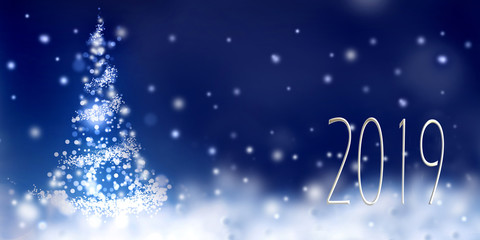 2019 new year and abstract christmas tree on blue background and snow effect