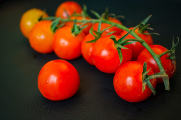 cherry tomatoes on a branch against the background of dark skin