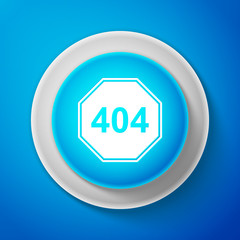 White Page with a 404 error icon isolated on blue background. Template reports that the page is not found. Circle blue button with white line. Vector Illustration