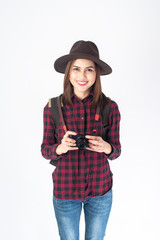 Beautiful traveller woman on white background