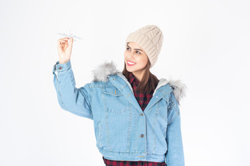 Beautiful traveller woman on white background