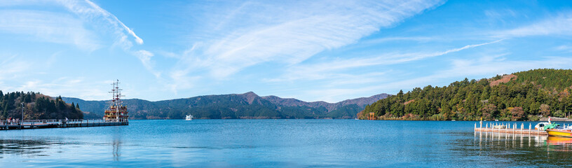 Mountain Fuji and Lake Ashi with Hakone temple and sightseeing boat in autumn