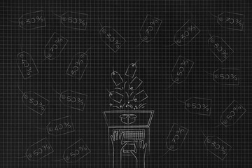 laptop with price tags flying out surrounded by others with promotional percentage