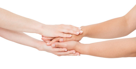 white woman hands comforting her close friend isolated on white background