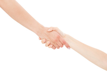 hand of adult woman holds the hand of a teenager isolated on white background, help