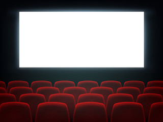 Fototapeta premium Cinema hall with white blank screen and chairs