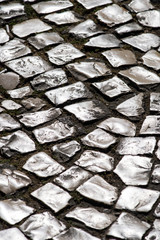 Cobblestone of limestone, polished by centuries of footsteps, make up the streets and sidewalks of Lisbon, Portugal