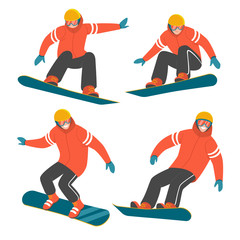 Snowboarding collection. Vector illustration of a man in red winter jacket in different poses in action on the snowboard. Isolated on white.