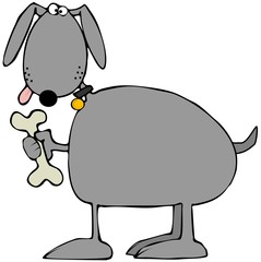 Illustration of a gray dog holding a biscuit in its paw.