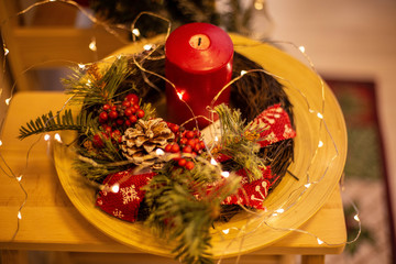 christmas still life with candle and decorations